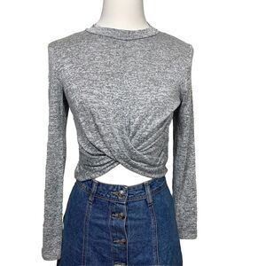 Fashion Nova Crop Top Womens Small Grey‎ Twist Front Marled Long Sleeve Knit